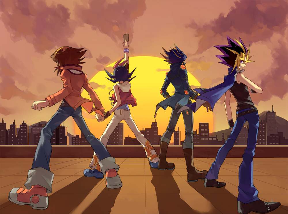 4boys, belt, brown_hair, building, cape, card, city, fudou_yuusei