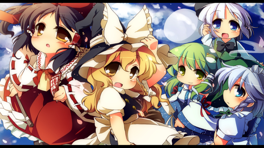 5girls, ascot, black_hair, blonde_hair, blue_eyes, blush, bow, brown_hair