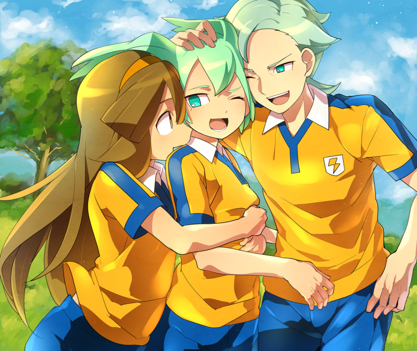 1girl, 2boys, asurei_rune, brown_hair, family, fei_rune, green_eyes, green_hair