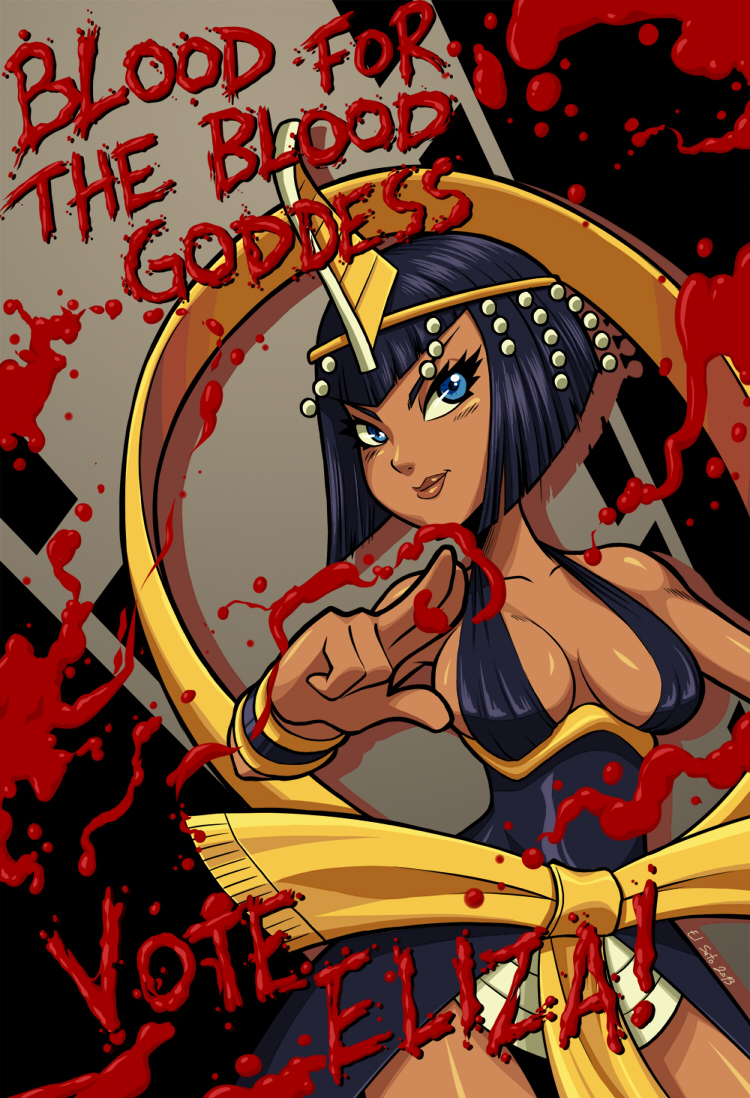 1girl, ankh, bare_shoulders, black_dress, black_hair, blood, blue_eyes, breasts