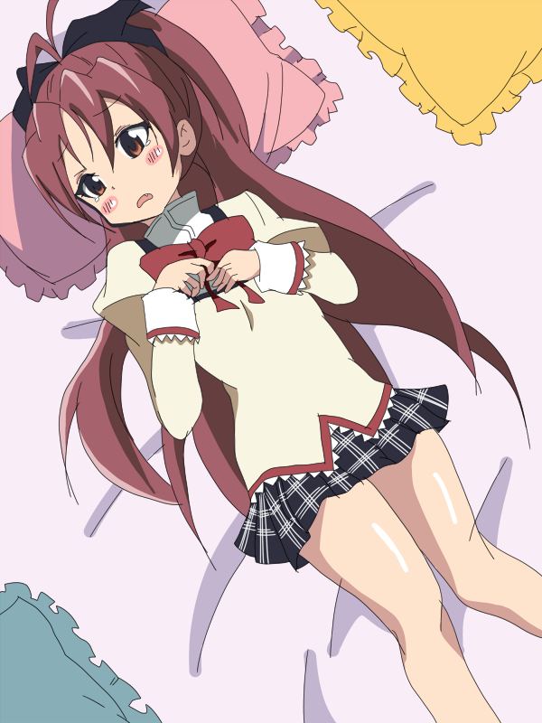 1girl, antenna_hair, blush, blush_stickers, bow, fang, fidgeting, hair_bow