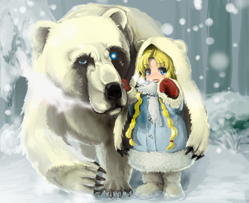 1girl, bear, blonde_hair, blue_eyes, boots, braid, crying, hat