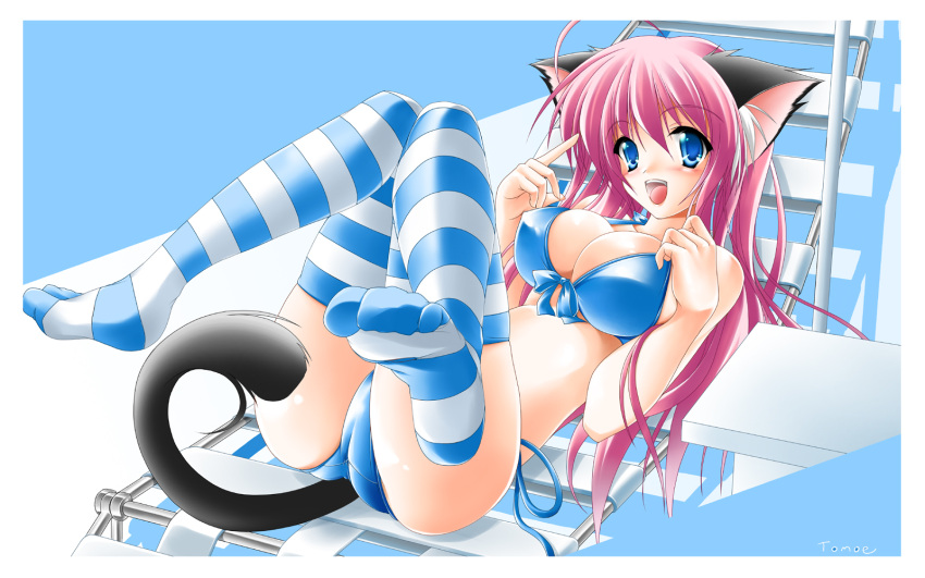 bikini, blue_eyes, blush, cat_ears, cat_tail, catgirl, front-tie_top, highres