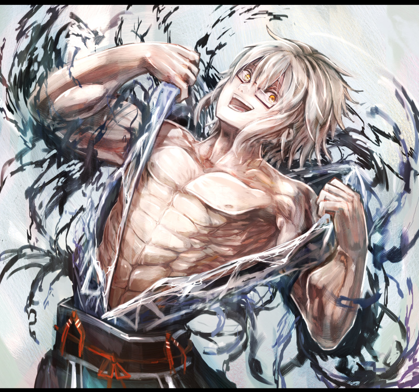 1boy, abs, belt, glasses, highres, kusakanmuri, letterboxed, looking_at_viewer