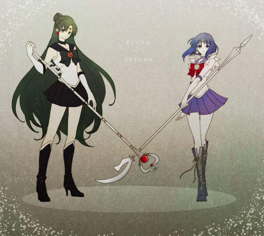 2girls, bishoujo_senshi_sailor_moon, boots, cross-laced_footwear, crystal, earrings, elbow_gloves, full_body