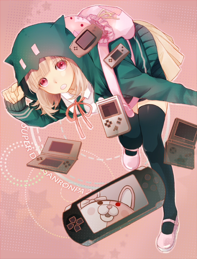 1girl, backpack, bag, bent_over, dangan_ronpa, funota, game_boy, game_boy_advance, game_boy_advance_sp, game_boy_micro, hoodie, monomi_(dangan_ronpa), nanami_chiaki, nintendo_ds, open_mouth, pink_eyes, pink_hair, playstation_portable, pleated_skirt, skirt, super_dangan_ronpa_2, thigh-highs, zettai_ryouiki