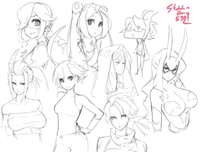 1boy, 6+girls, aeon_(skullgirls), annie_(skullgirls), bare_shoulders, bloody_marie_(skullgirls), braid, breasts