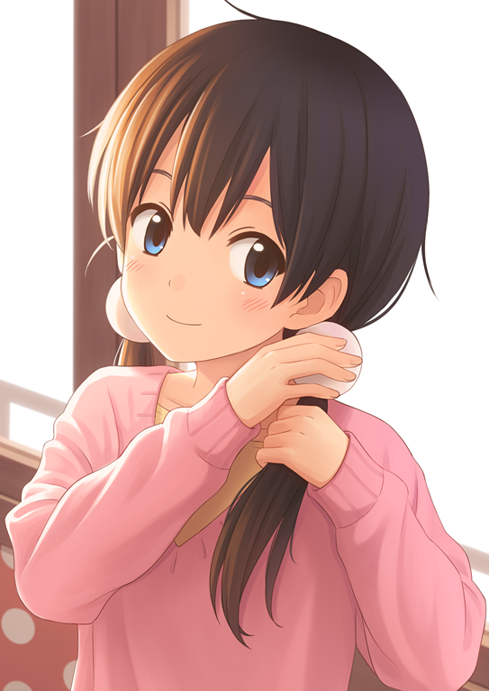 1girl, adjusting_hair, black_hair, blue_eyes, blush, hair_ornament, kitashirakawa_tamako, kuro_(chrono)