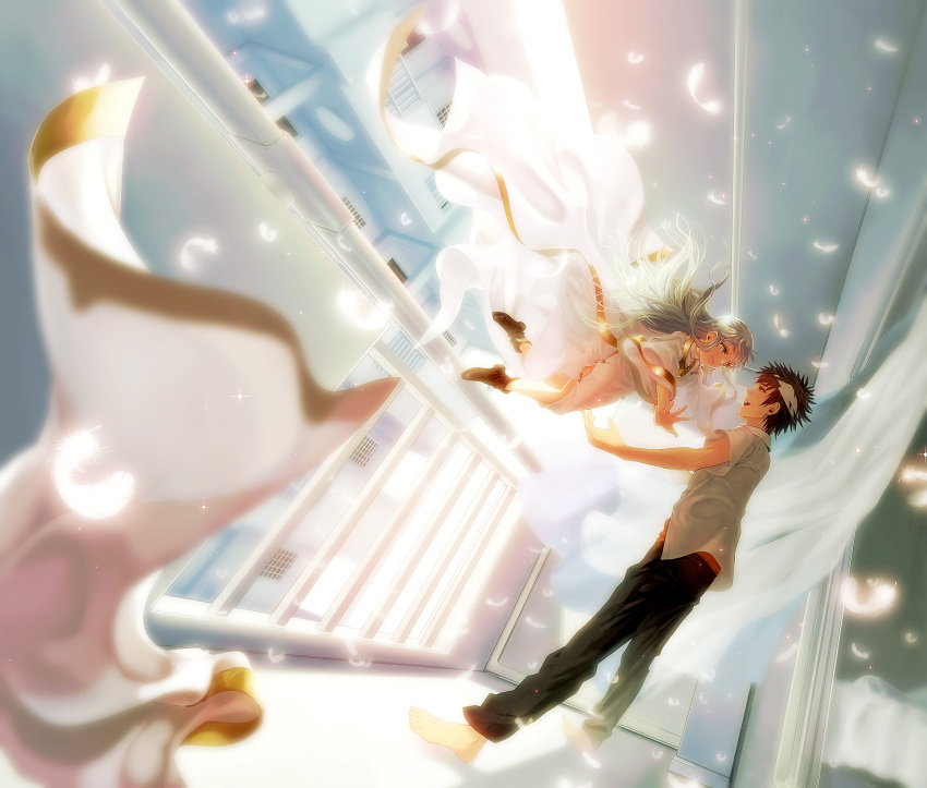 1boy, 1girl, bandages, black_hair, habit, highres, index, kamijou_touma, long_hair, nun, outstretched_arms, school_uniform, silver_hair, spiky_hair, spread_arms, to_aru_majutsu_no_index, yucca_(sui_linx)