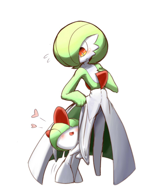 blush, flying_sweatdrops, gardevoir, heart, hug, leg_hug, no_humans, nura_(oaaaaaa)