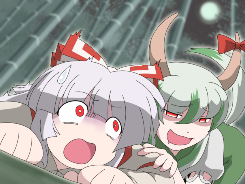 bad_id, bow, caved, ex-keine, fujiwara_no_mokou, green_hair, hair_bow, hair_ribbon