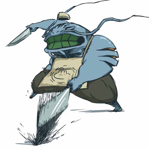 1boy, apron, blue_skin, chef, cleaver, closed_eyes, dual_wielding, gills, jonii_(hikarukun), lowres, merman, shirtless, skullgirls, solo, whiskers, yu-wan_(skullgirls)