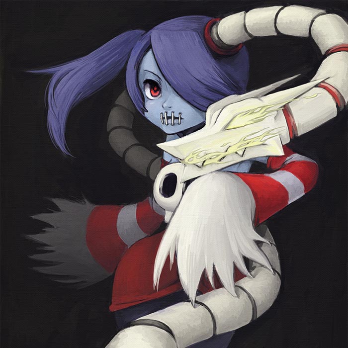 1girl, bare_shoulders, blue_hair, blue_skin, detached_sleeves, glowing, glowing_eyes, hair_over_one_eye, jonii_(hikarukun), leviathan_(skullgirls), long_hair, long_skirt, red_eyes, side_ponytail, skirt, skull, skullgirls, solo, squigly_(skullgirls), stitched_mouth, striped, striped_sleeves, yellow_eyes, zombie