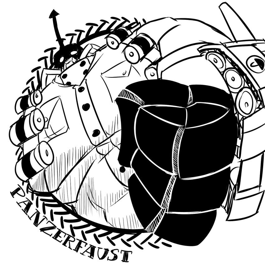 bad_idea, character_name, foreshortening, gas_mask, highres, military, military_uniform, monochrome