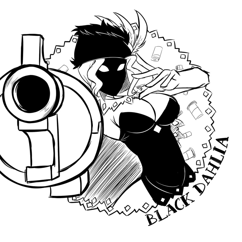 1girl, aiming_at_viewer, bad_idea, black_dahlia, breasts, character_name, cleavage, glowing