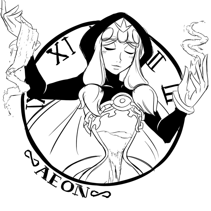 aeon_(skullgirls), bad_idea, blush, cape, character_name, closed_eyes, fire, gloves, highres, hood, hourglass, long_hair, monochrome, sand, sketch, skullgirls, solo