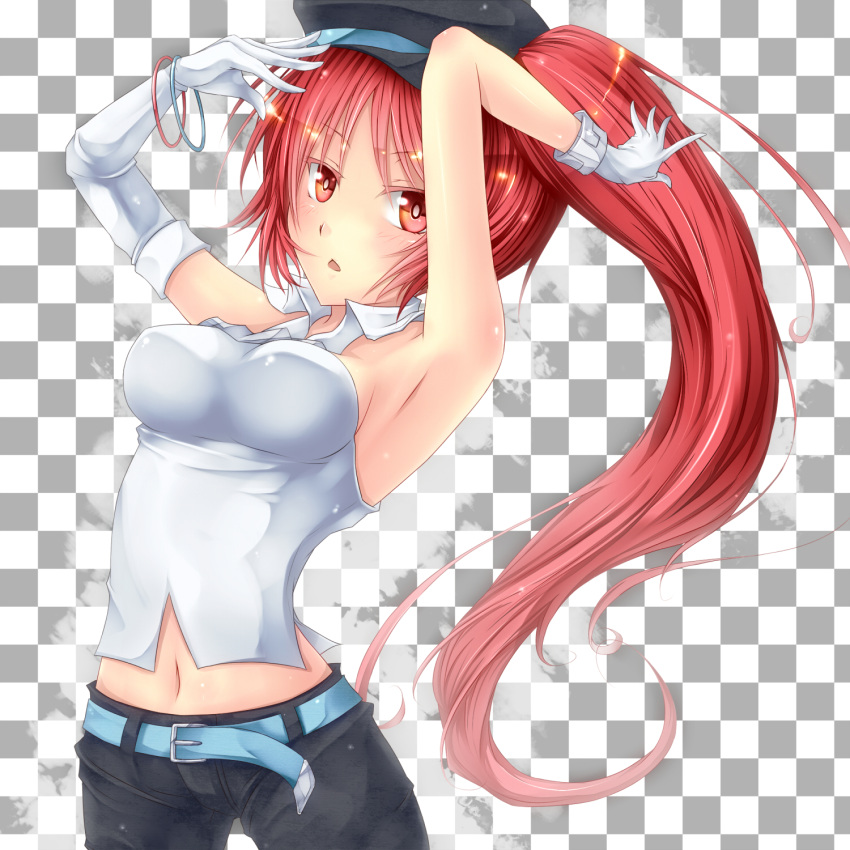 1girl, armpits, arms_up, blush, breasts, cardfight!!_vanguard, checkered, checkered_background, gloves, high_dog_breeder_akane, highres, long_hair, looking_at_viewer, midriff, red_eyes, redhead, royal_paladin, shintani_tsushiya, solo, very_long_hair
