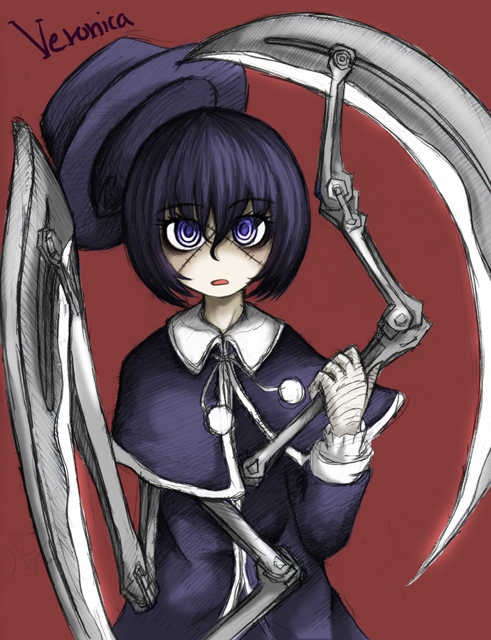 1girl, bangs, black_hair, blue_eyes, capelet, dress, franken_fran, hat