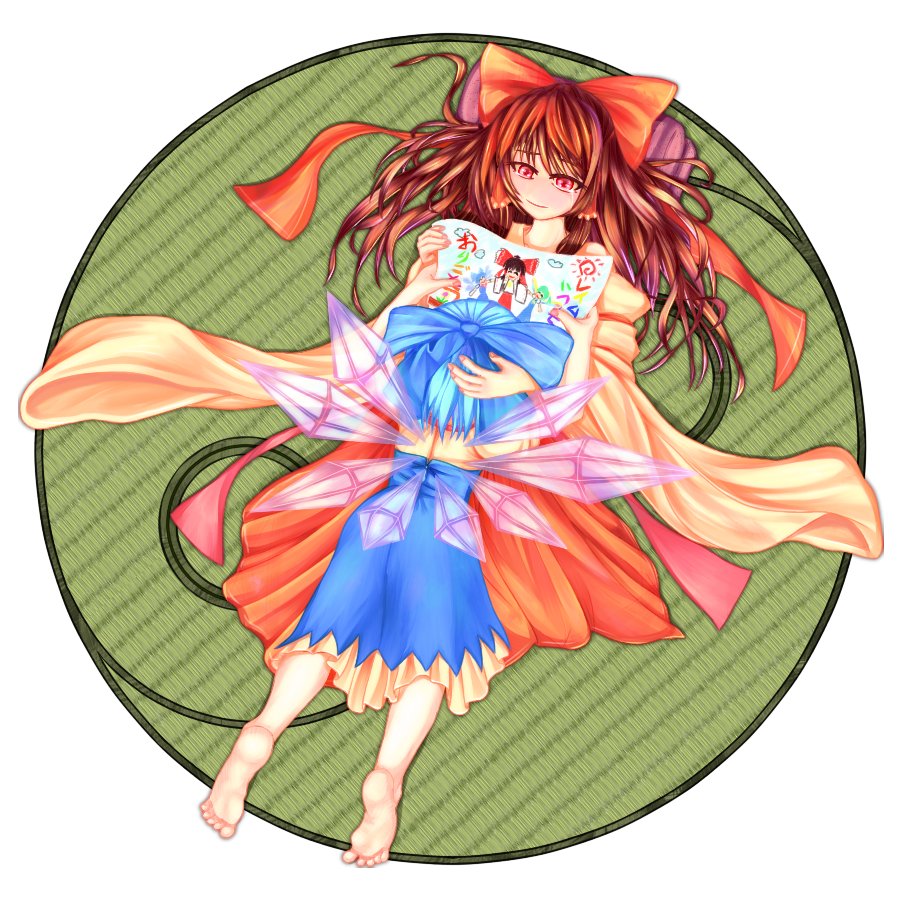 2girls, adapted_costume, backless, barefoot, bow, brown_hair, child_drawing, cirno, crying, daiyousei, detached_sleeves, dress, fingernails, hair_bow, hakurei_reimu, hand_on_another's_head, kg_cliff_edge, light_smile, long_hair, looking_at_another, lying, multiple_girls, on_back, on_person, on_stomach, pillow, red_eyes, streaming_tears, tatami, tears, touhou, wings, yin_yang