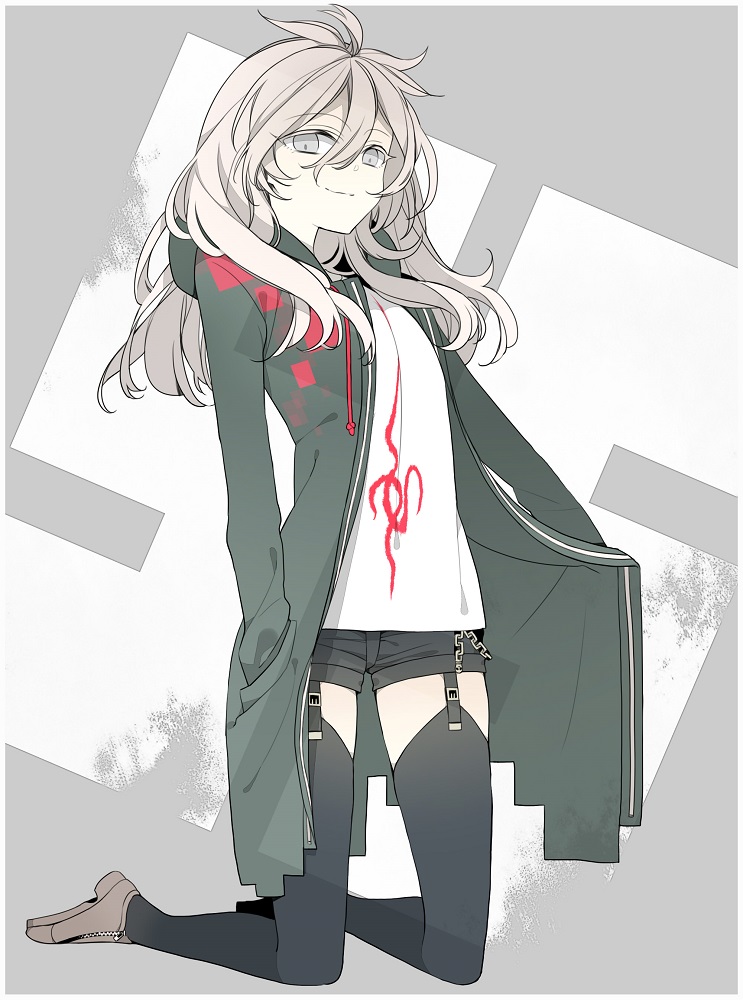 1girl, dangan_ronpa, female, genderswap, grey_eyes, hoodie, jacket, komaeda_nagito, lari, long_hair, shorts, smile, solo, super_dangan_ronpa_2, thigh-highs, white_hair