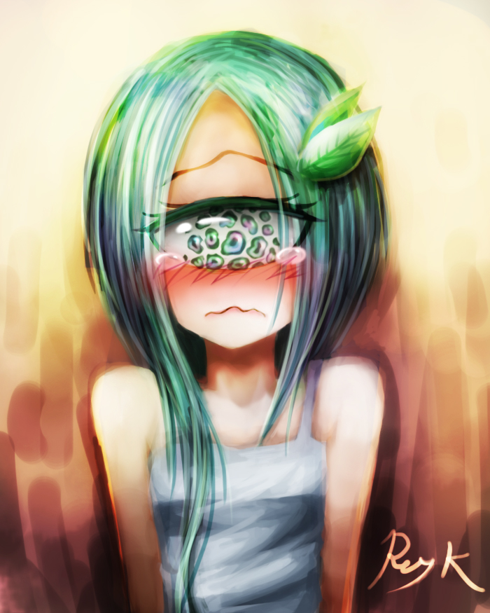 1girl, asymmetrical_hair, blush, crying, crying_with_eyes_open, cyclops, dress, green_eyes
