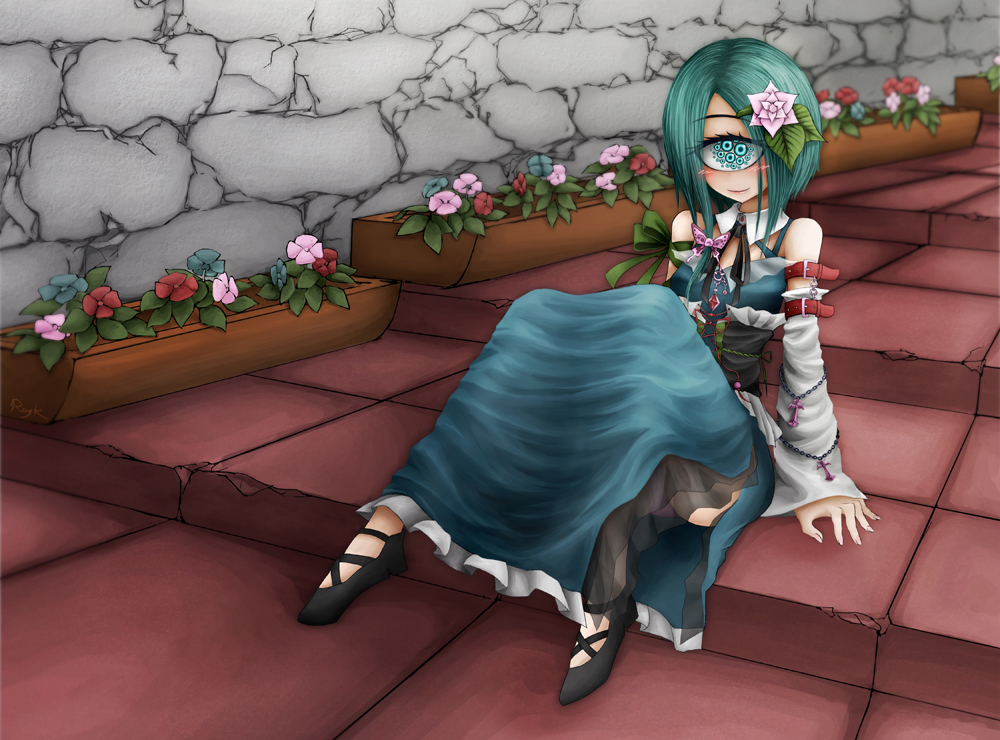 1girl, asymmetrical_hair, bangs, blush, corset, cross, cyclops, detached_sleeves