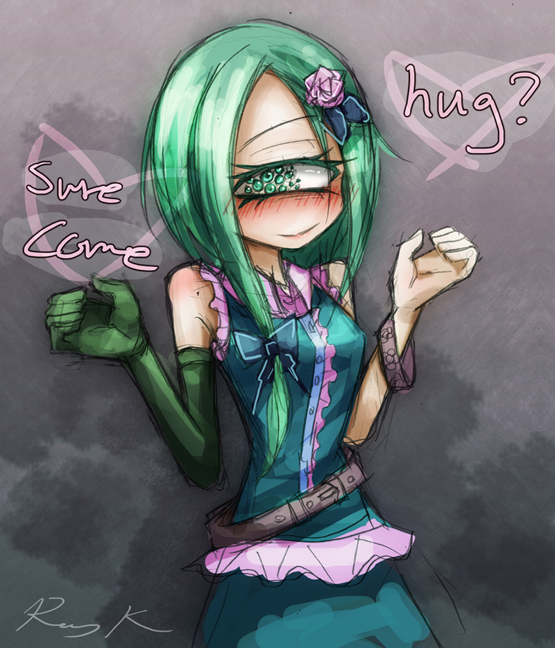 artist_name, asymmetrical_hair, belt, blush, bow, cyclops, flower, green_eyes