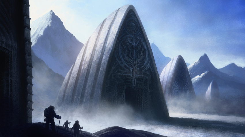 alien, at_the_mountains_of_madness, cthulhu_mythos, gate, mountain, realistic, scientist, snow, temple