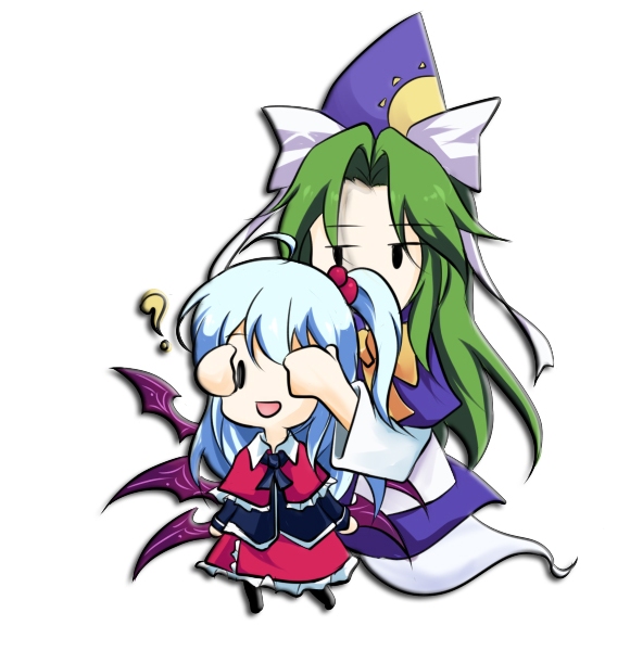 2girls, ?, covering_eyes, faech, green_hair, mima, multiple_girls, multiple_wings, shinki, silver_hair, touhou, touhou_(pc-98), wings
