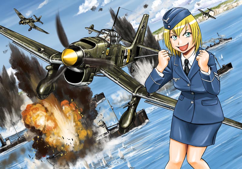 airplane, battle, destroyer, explosion, hat, historical_event, junkers_ju_87, luftwaffe