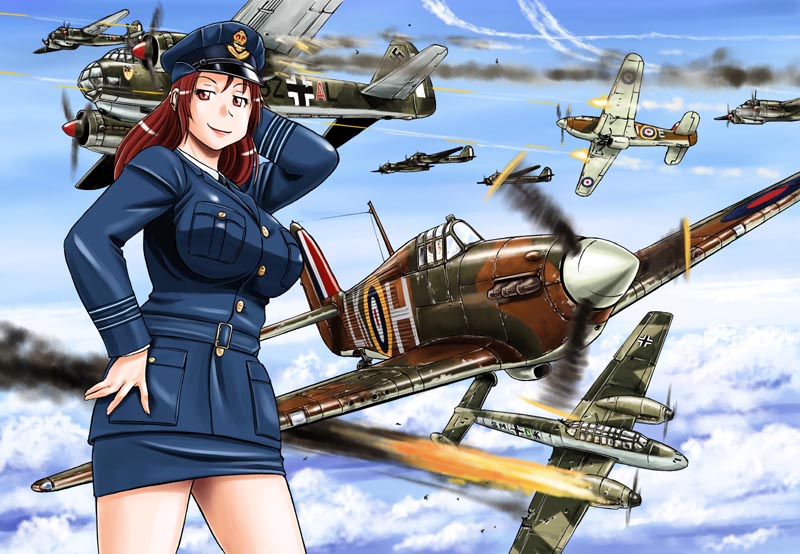 aerial_battle, airplane, battle, bf_110, breasts, clouds, condensation_trail, hat