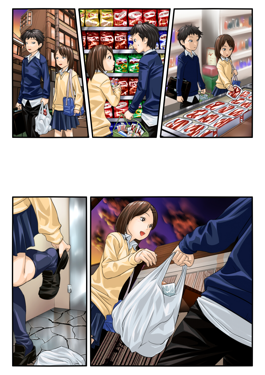 1boy, 1girl, atto_(eroban), bag, black_hair, brown_eyes, brown_hair, highres
