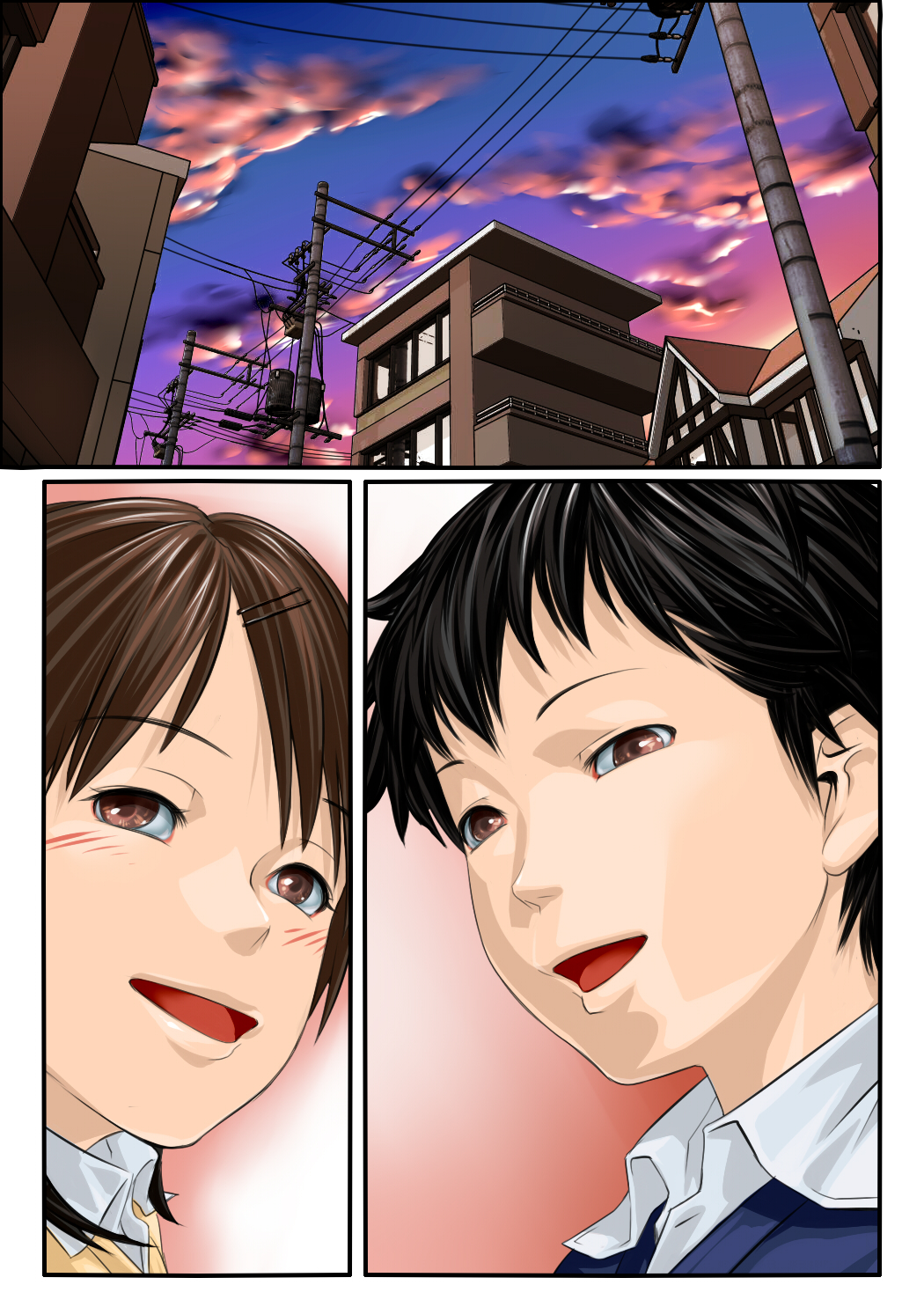 1boy, 1girl, atto_(eroban), black_hair, brown_eyes, brown_hair, face, highres