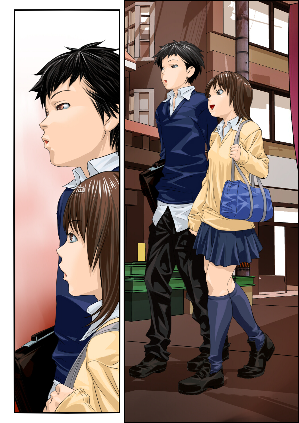 1boy, 1girl, atto_(eroban), bag, black_hair, brown_eyes, brown_hair, highres