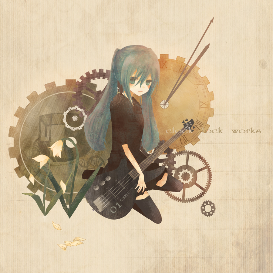 bad_id, bass_guitar, blue_eyes, blue_hair, clock_lock_works_(vocaloid), gears, hatsune_miku, instrument