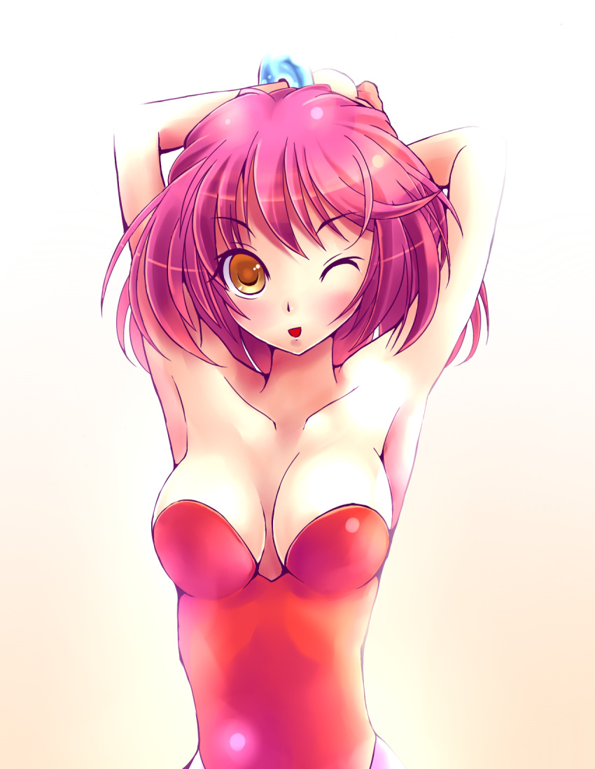 1girl, armpits, arms_up, breasts, brown_eyes, collarbone, highres, leotard