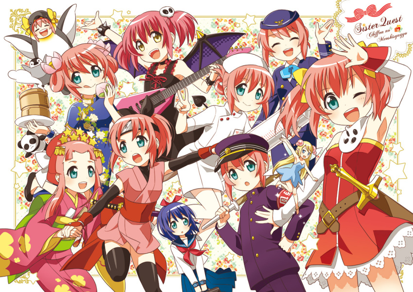 6+girls, :>, :q, alternate_costume, alternate_eye_color, alternate_hairstyle, animal_costume, banchou, bat_wings, belt, bird, black_legwear, blonde_hair, blue_hair, bokken, chiffon_(sister_quest), china_dress, chinese_clothes, choker, closed_eyes, fairy, flight_attendant, food, forehead_protector, fruit, fujisawa_kamiya, guitar, hair_ornament, hair_rings, hairpin, hand_on_hip, happy, hat, headdress, instrument, japanese_clothes, kimono, lilly_(sister_quest), long_hair, multiple_girls, multiple_persona, ninja, nurse, nurse_cap, panda, peach, penguin, penguin_costume, pink_hair, scabbard, school_uniform, serafuku, sheath, short_hair, sister_quest, skirt, skull_hair_ornament, star, stella_(sister_quest), sword, thigh-highs, title_drop, tongue, twintails, v, v_arms, weapon, wings, wooden_sword, yellow_eyes