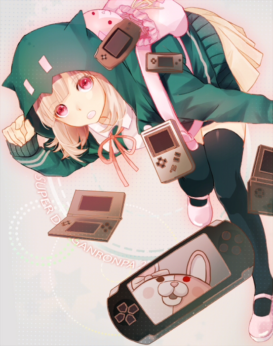 1girl, backpack, bag, bent_over, dangan_ronpa, funota, game_boy, game_boy_advance, game_boy_advance_sp, game_boy_micro, hoodie, monomi_(dangan_ronpa), nanami_chiaki, nintendo_ds, open_mouth, pink_eyes, pink_hair, playstation_portable, pleated_skirt, skirt, super_dangan_ronpa_2, thigh-highs, zettai_ryouiki