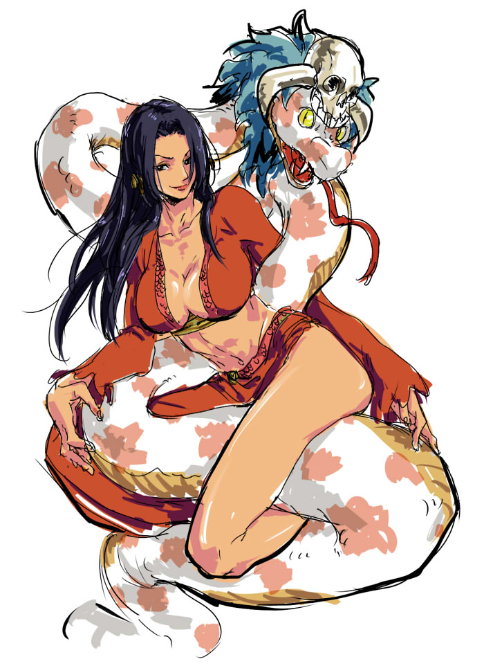 1girl, artist_request, black_hair, boa_hancock, breasts, cleavage, earrings, jewelry