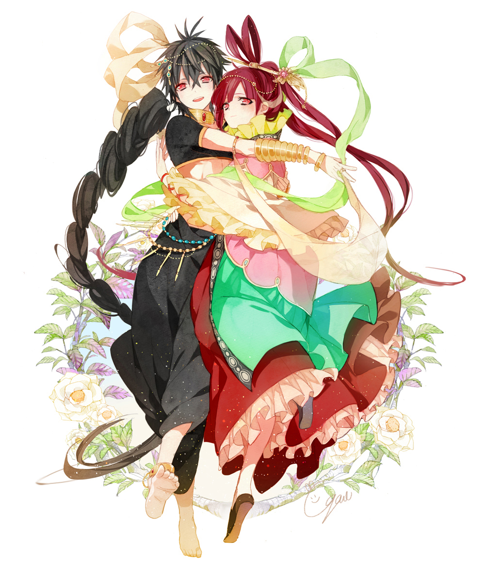 1boy, 1girl, barefoot, black_hair, braid, chinese_clothes, flower, gomas, hair_ornament, hair_rings, hair_stick, hug, jewelry, judal, long_hair, magi_the_labyrinth_of_magic, midriff, neck_ring, red_eyes, redhead, ren_kougyoku, single_braid, smile