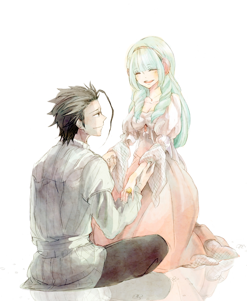 1girl, aqua_hair, black_hair, closed_eyes, couple, dress, dunya_mustashim, en_(sanote)