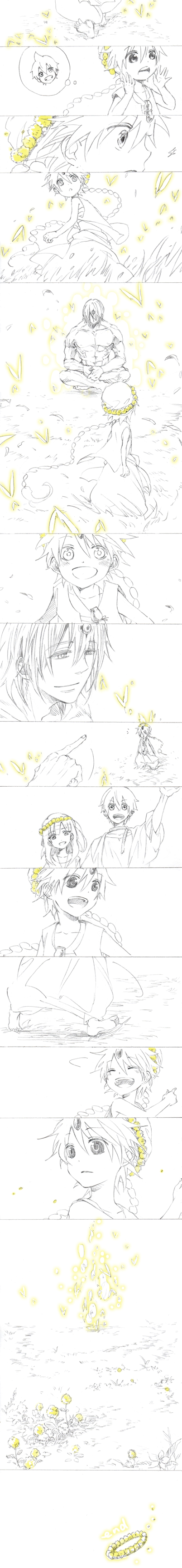 absurdres, aladdin_(magi), ali_baba_saluja, comic, en_(sanote), flower, head_wreath, highres