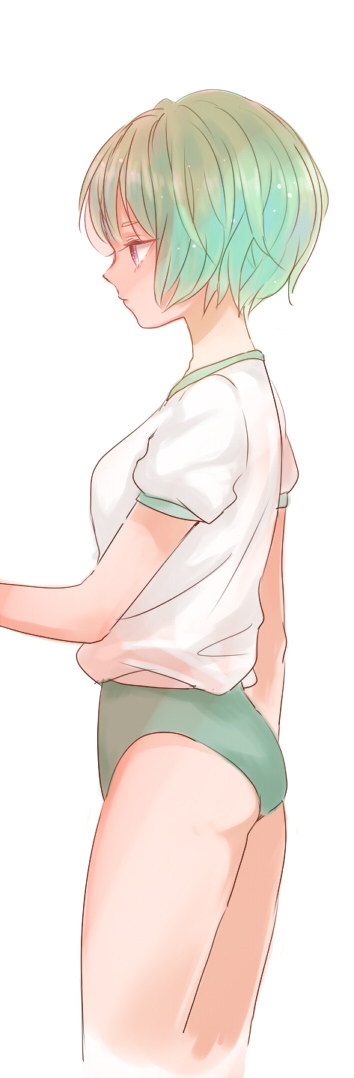 1girl, buruma, green_hair, gym_uniform, micho_n, original, short_hair, solo