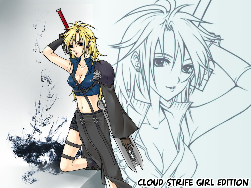 bare_shoulders, belt, blonde_hair, blue_eyes, cleavage, cloud_strife, earrings, female, final_fantasy, final_fantasy_vii, final_fantasy_vii_advent_children, genderswap, gloves, long_hair, midriff, redcat, shorts, solo, sword