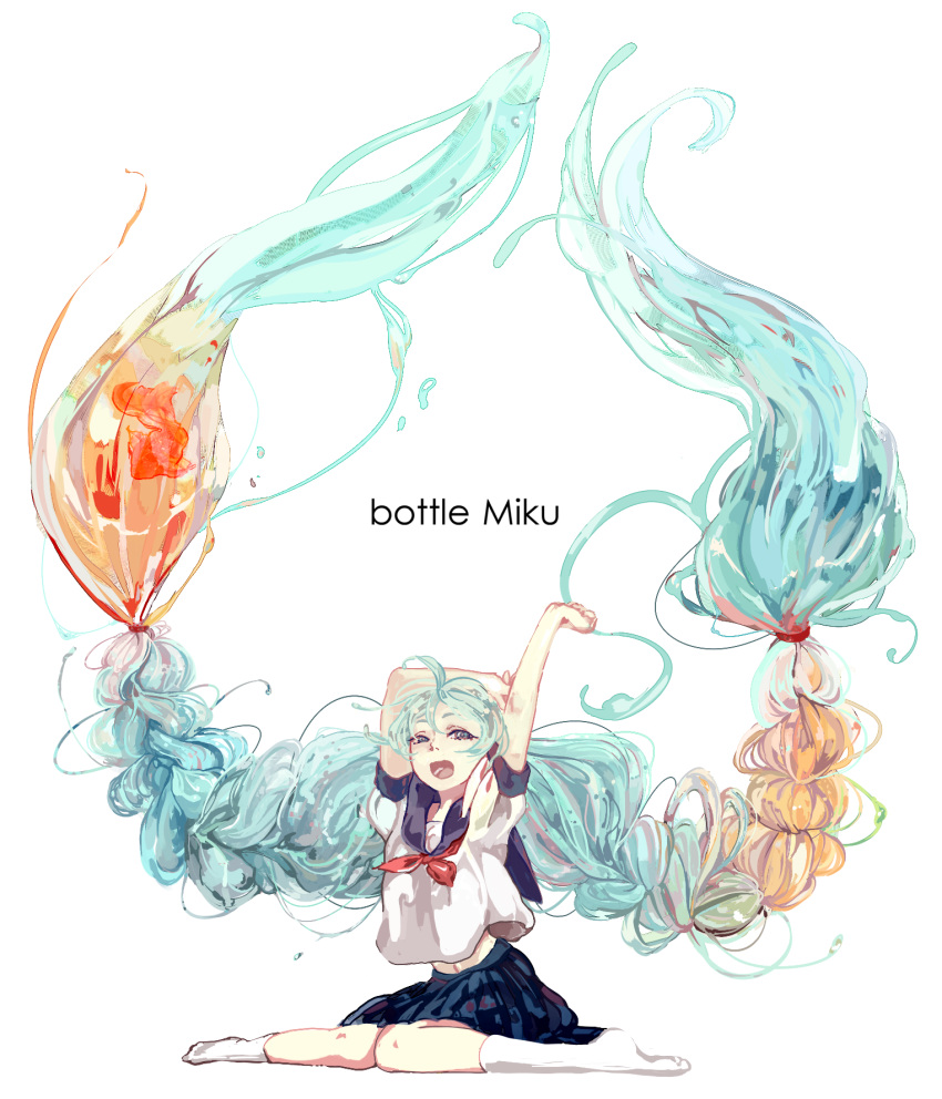 1girl, bottle_miku, braid, character_name, czcz, fish, goldfish, gradient_hair