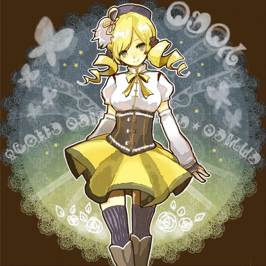 1girl, beret, blonde_hair, boots, breasts, corset, detached_sleeves, drill_hair