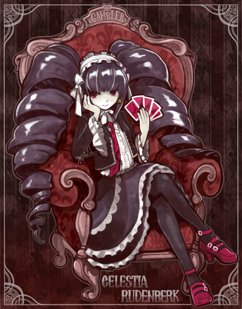 1girl, arm_support, black_hair, card, celestia_rudenberk, crossed_legs, dangan_ronpa, dress