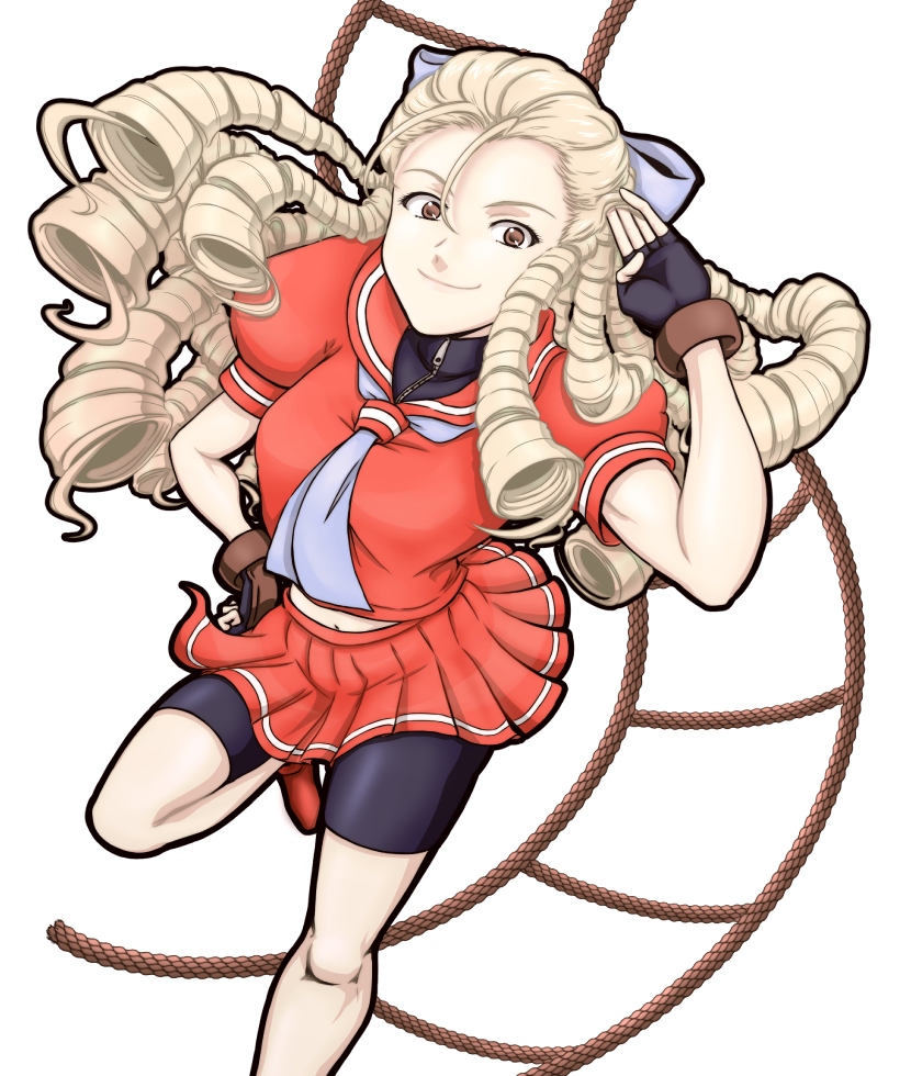 1girl, antenna_hair, bike_shorts, blonde_hair, brown_eyes, fingerless_gloves, gloves, josei_(kokochiyoihagotae), kanzuki_karin, long_hair, ringlets, school_uniform, serafuku, shorts_under_skirt, skirt, street_fighter, street_fighter_zero, street_fighter_zero_3