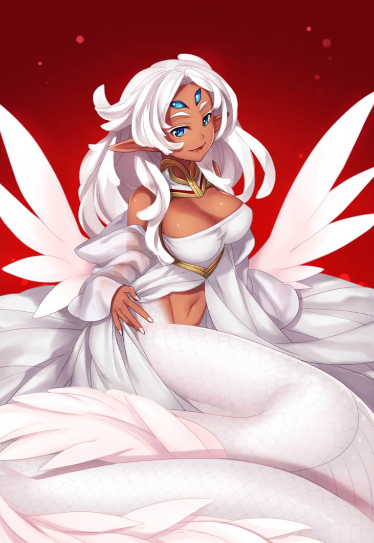 1girl, blue_eyes, breasts, cleavage, cleavage_cutout, dark_skin, hazuki_gean, lamia