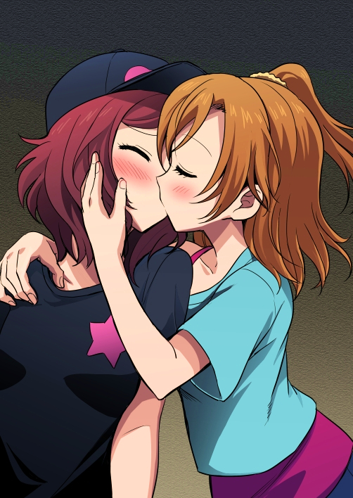 blush, brown_hair, closed_eyes, hand_on_another's_cheek, hand_on_another's_face, hat, kiss, kousaka_honoka